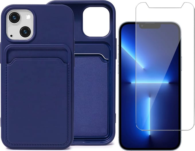 Blauw Pasjeshouder Hoesje geschikt voor Apple iPhone 13 Mini - Screenprotector Glas - Kaart TPU Backcover