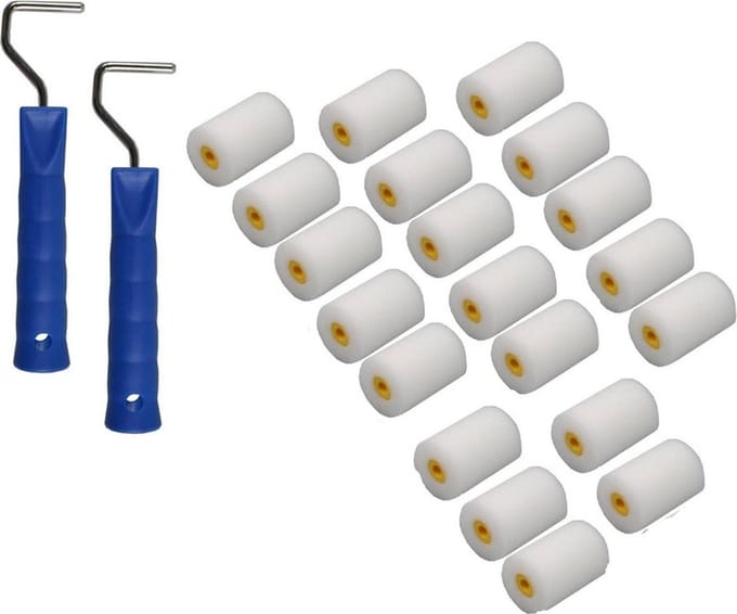 20x verfrollers / schuimrollers fijn inclusief 2 rollerbeugels - 5 cm - geschikt voor diverse soorten verf - schilderbenodigdheden