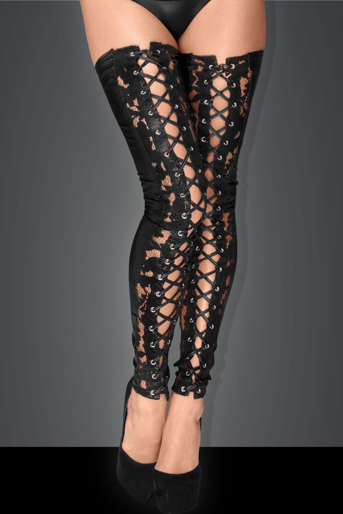 Noir Handmade - Wetlook Kousen met Kant en Vetersluiting
