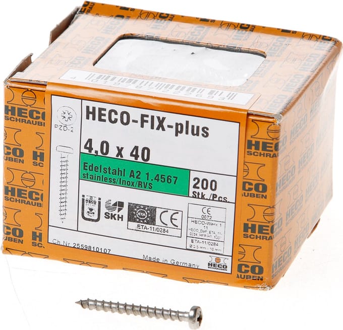 Heco Spaanplaatschroef cilinderkop RVS A2 pozidriv FIX-plus 4x40mm (per 200 stuks)