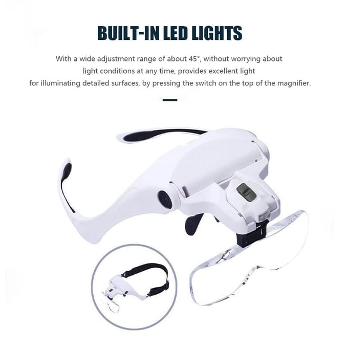 LED Verlichte Loep Handsfree Hoofdgemonteerde Loep met 5 Afneembare Lenzen 1X, 1.5X, wit