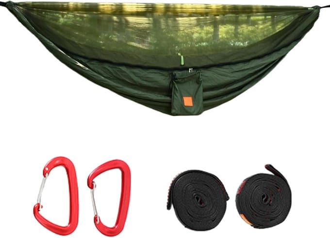 Campinghangmat, pop-up hangmat met net, vliebescherming, lichtgewicht vrijetijdsuitrusting, ideaal voor vadercollegues, familievrienden, wandelachtertuin, 270 x 140 cm