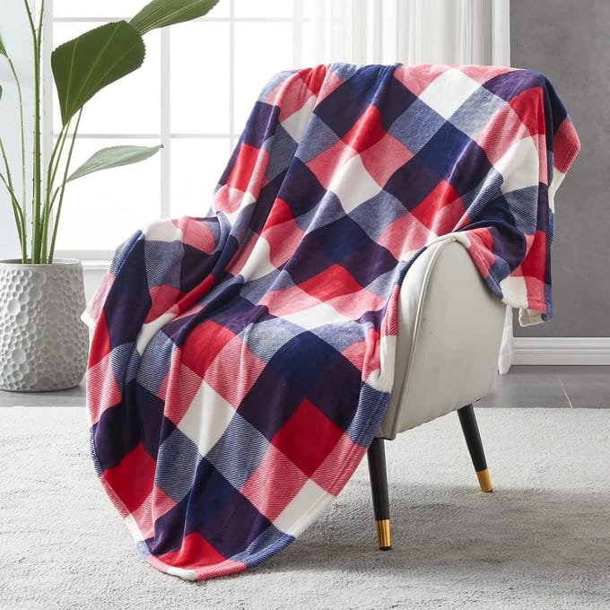 Fleece deken 150x200 cm, geruite plaid in rood en blauw