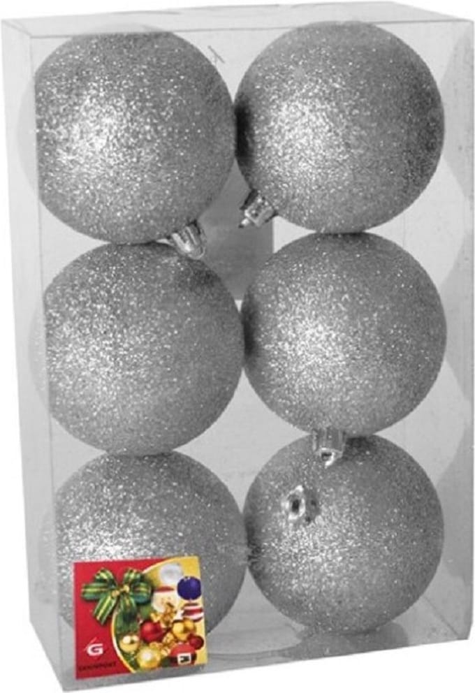 Gerimport Kerstballen - 6x - zilver - kunststof - glitters - D8 cm - kerstversiering