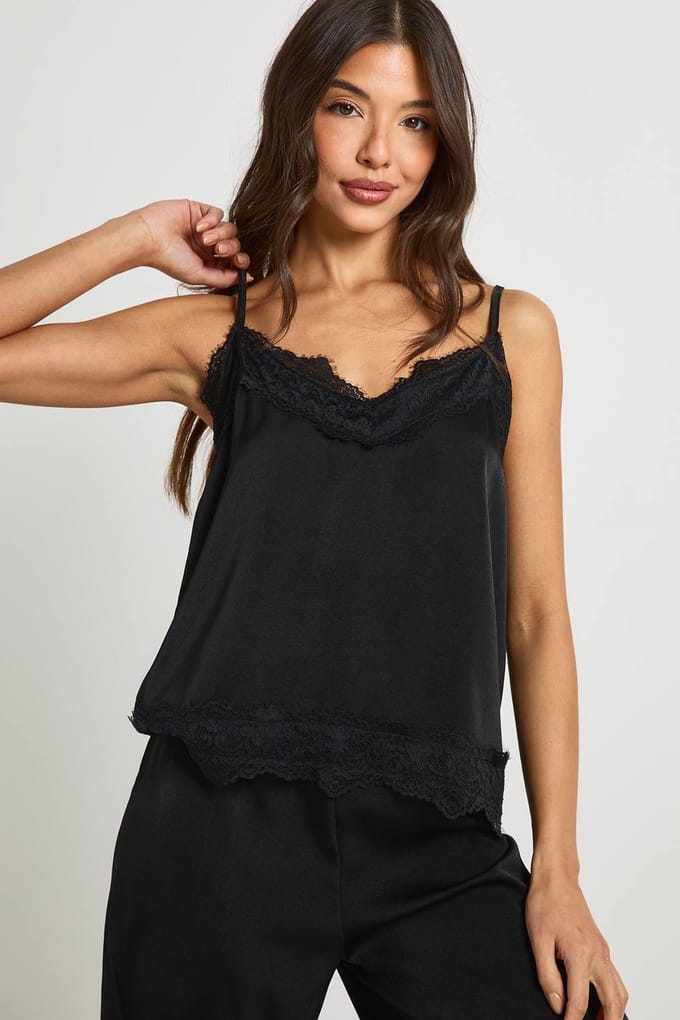 boohoo Dames Cami & Broek Pyjama Set met wimperkant | Zwart | Maat: 42