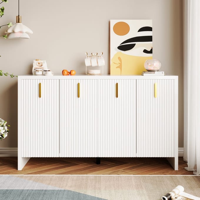 Sideboard - Modern Minimalistisch - Flexibele Opbergruimte en Elegant Design - Gouden Handgrepen en Verstelbare Scheidingswanden - Wit