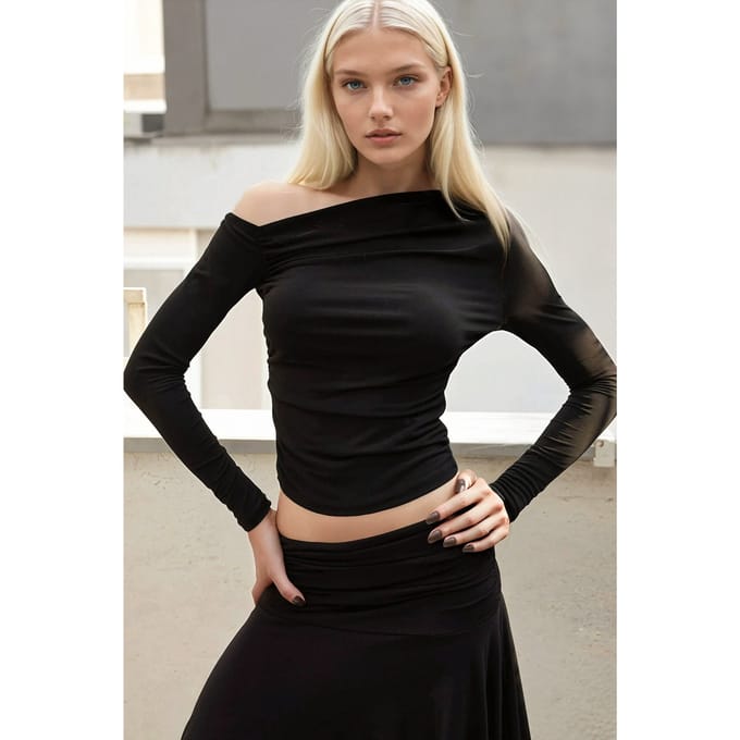 Asymmetrische Kraag Lange Mouwen Top