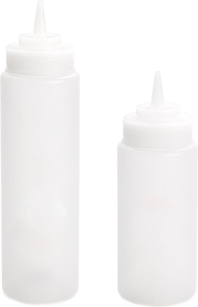 Doseerfles/sausfles - set 2x - 500/700 ml - met schenktuit - transparant - 18 en 20 cm