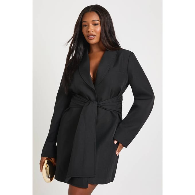 boohoo Dames Plus Tie Waist Obi Blazer Jurk | Zwart | Maat: 44