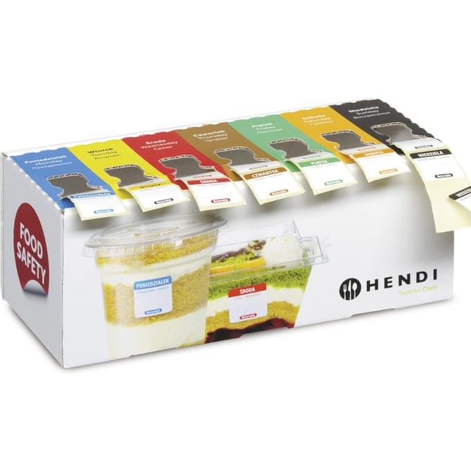 set herbruikbare voedselveiligheidslabels voor elke dag van de week met een Hendi 850305 dispenser