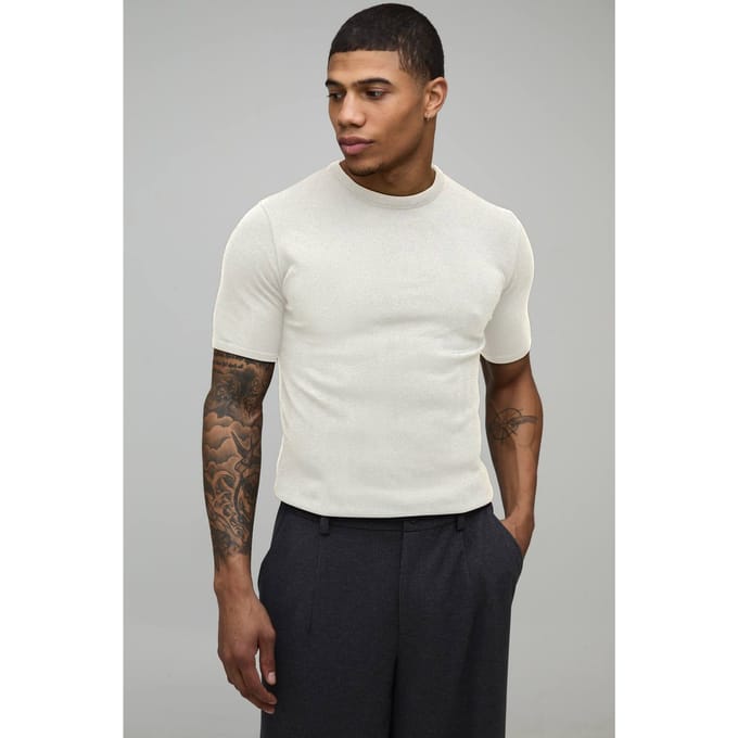 Essential Muscle Fit Soft Touch Knitted T-Shirt | Ecru | Size Small