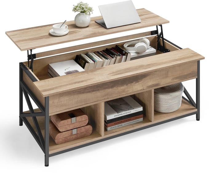 VASAGLE - Salontafel - Bijzettafel - Verstelbaar Blad - Open en Verborgen Opbergruimte - X-frame