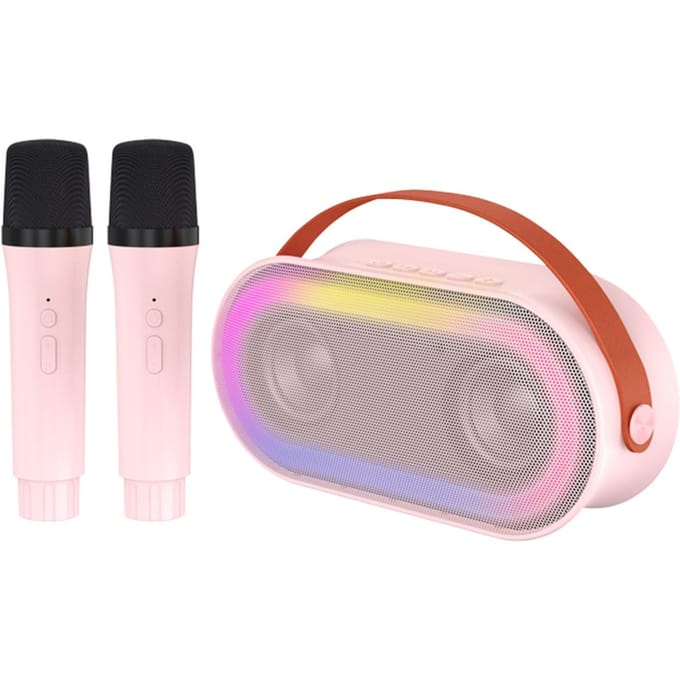 Mini BT Karaoke Machine Karaoke Speaker met Draadloze Microfoons Verblindend Kleurlichteffect voor 2 mics roze