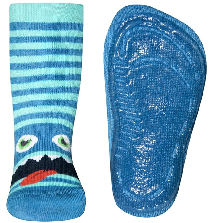 Antislipsok blauw gestreept met monsterkop-21/22