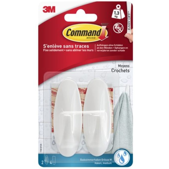 Command decohaak, medium, draagvermogen 1,4 kg, wit, waterbestendig, blister van 2 stuks