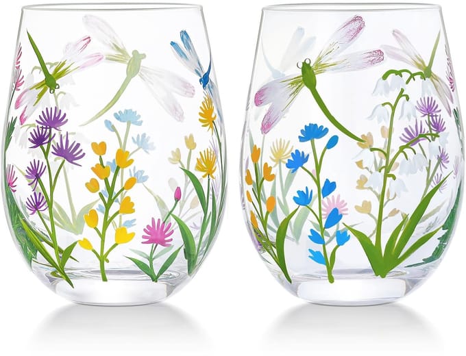 Cosensi - Handgeschilderd Stemless Wijnglas Set van 2 met Libellen