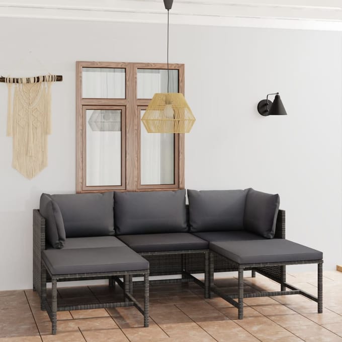 vidaXL - 5-delige - Loungeset - met - kussens - poly - rattan - grijs