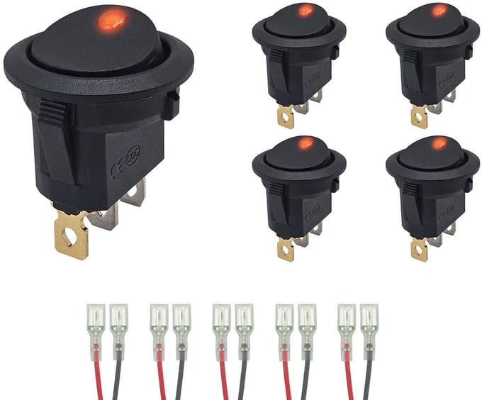 ProRide Wipschakelaar ON-OFF KCD2-12 - met Aansluitkabels - 3 pins - Rond - 12V/20A - LED indicator Rood - 5 stuks