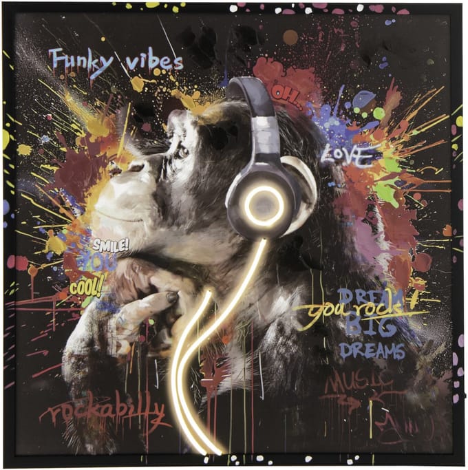 J-Line schilderij Monkey Headphone Vierkant - canvas - mix - LED lichtjes