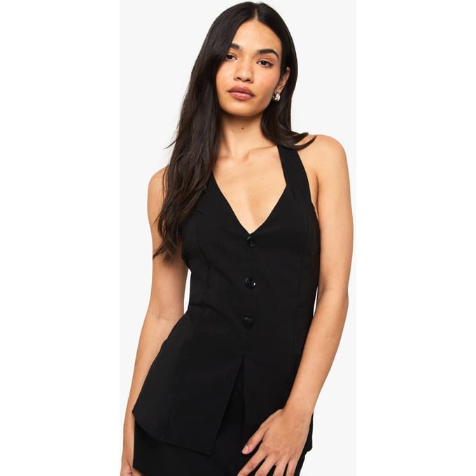 boohoo Dames Bengaline V-hals lang gesneden gilet | Black | Maat: 8