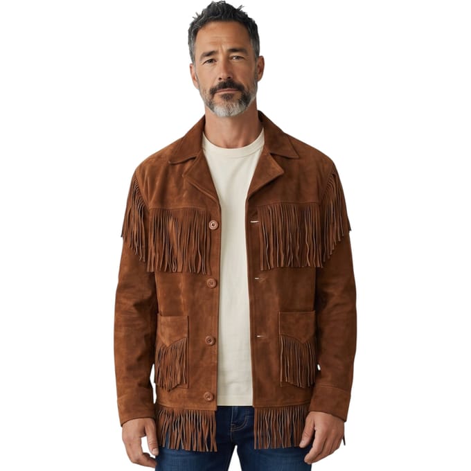 Heren Western Retro Tan Cowboy Leather Fringe Jas - Braga