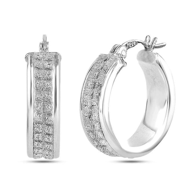 Vrouwen Brede Hoep Oorbellen met Diamantstructuur, 925 Sterling Zilver BIPE018