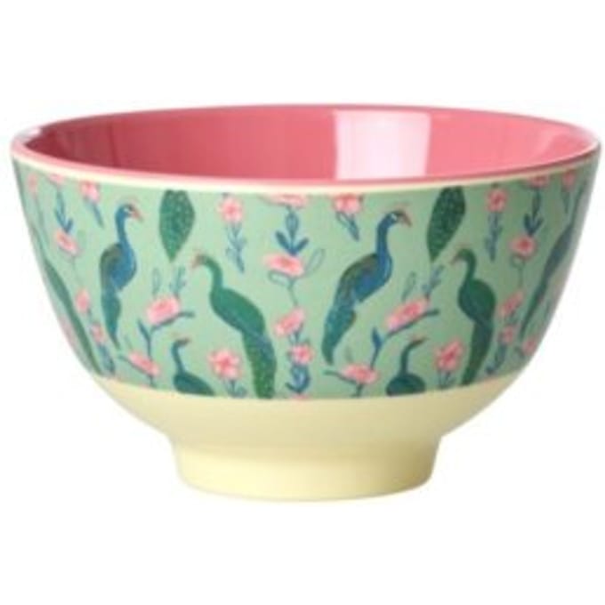 Rice melamine kom, groen met peacock power print, klein 300 ml
