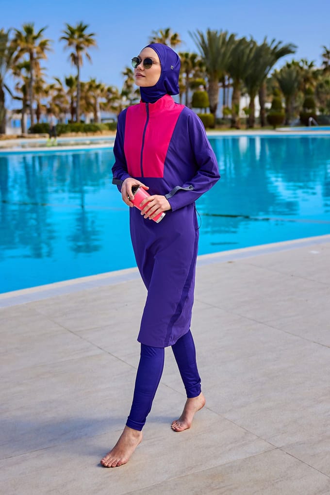 Paarse, bescheiden badmode Burkini-set met volledige dekking