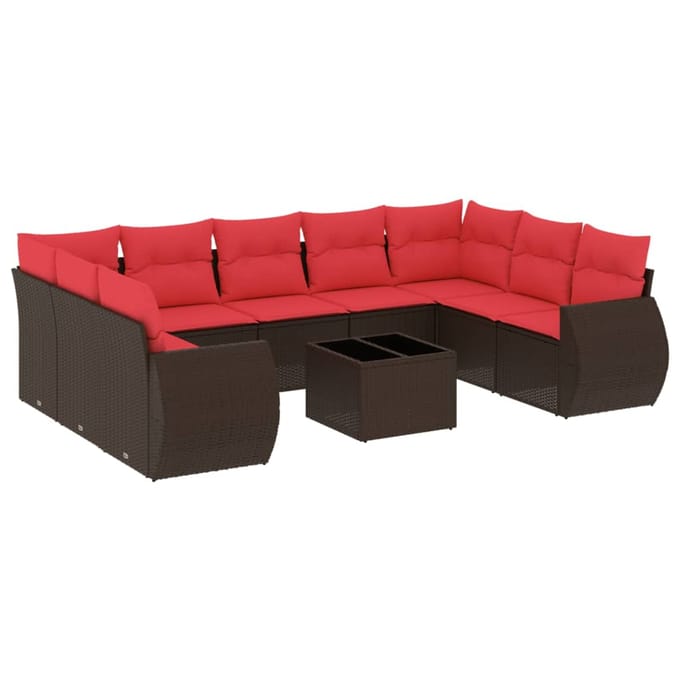 vidaXL - 10-delige - tuinbankset - met - kussens, - bruin - polyrotan