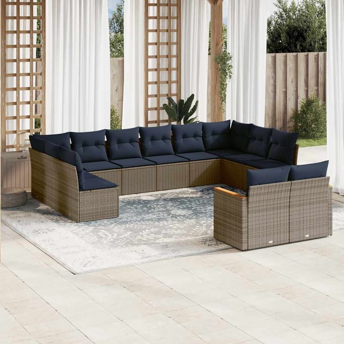 vidaXL - 12-delige - tuinbankset - met - kussens, - grijs - polyrotan