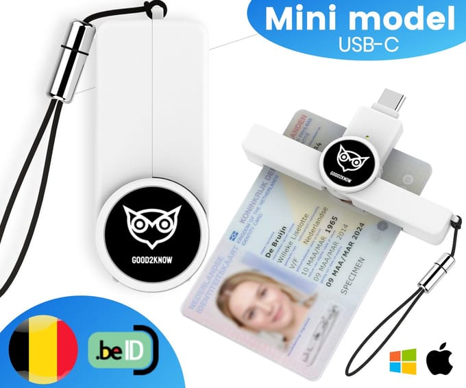 Good2know Id Kaartlezer mini - USB C - België – Kaartlezer identiteitskaart – Identiteitskaartlezer - eID – Id Lezer – Mac, Windows, telefoon, tablet