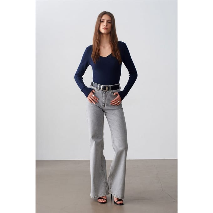 Slim Fit V-hals Geribbelde Gebreide Trui