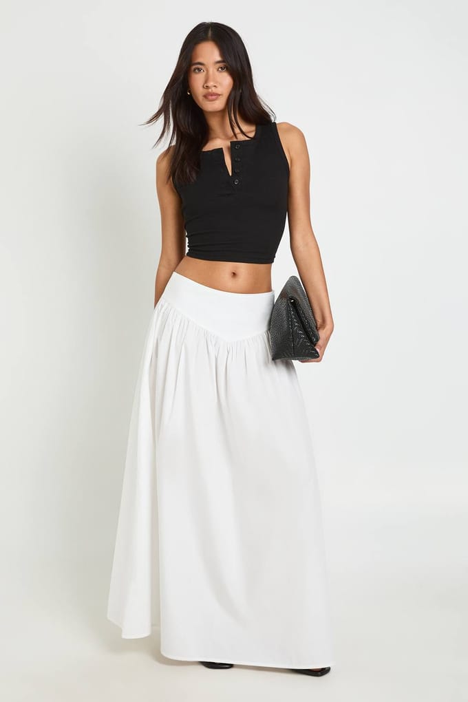boohoo Dames Katoenen Popeline Maxi Rok Met Verlaagde Taille | Wit | Maat: 38