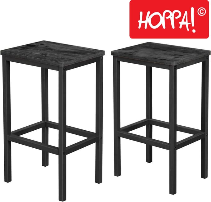 Hoppa! | Set van 2 Barkrukken | Industrieel Design | Zwart | 40 x 30 x 65 cm (L x D x H)