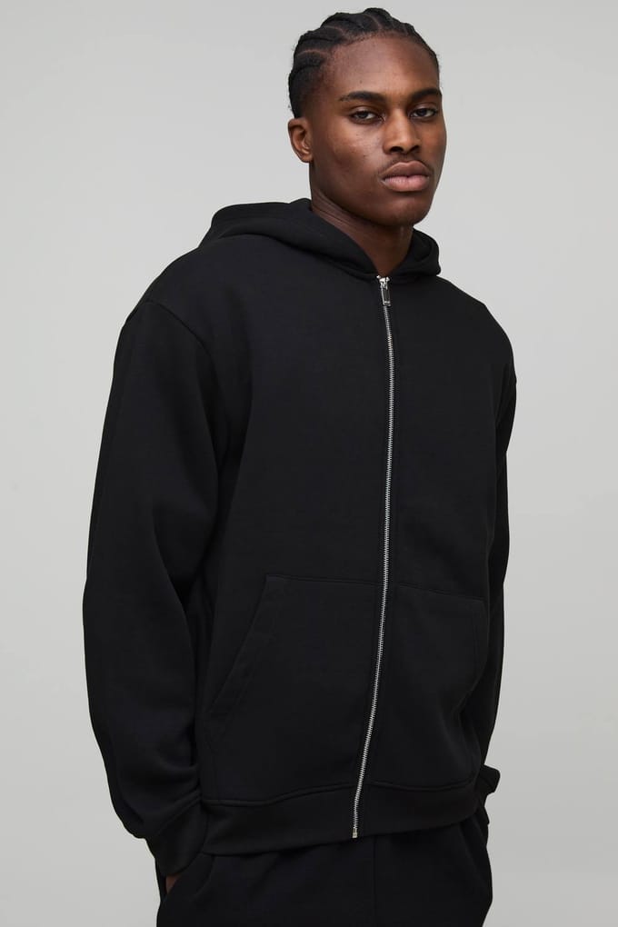 Essential Oversized Zip Through Hoodie | Black | Size Medium