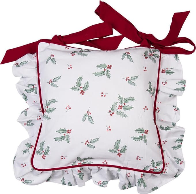 Clayre & Eef Kussenhoes Stoelkussen 40x40 cm Wit Rood Katoen Hulstbladeren