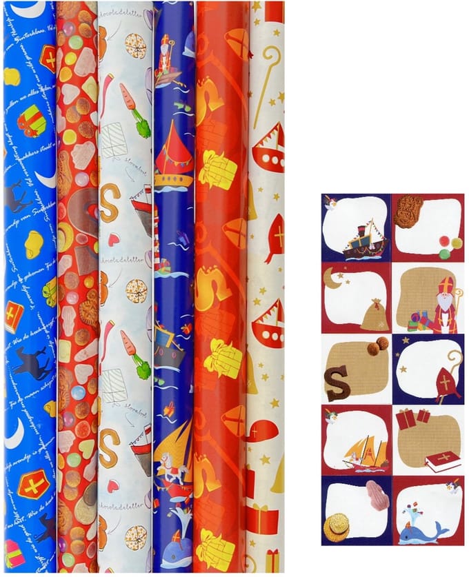 Sinterklaas cadeaupapier - Inpakpapier - 200 x 70 cm - 6 rollen inclucief labels