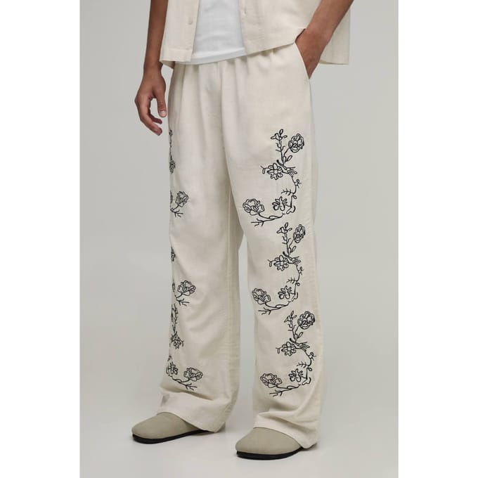 Wijde Linnen Blend Broek Met Geborduurd Naaddetail | Natural | Size Medium