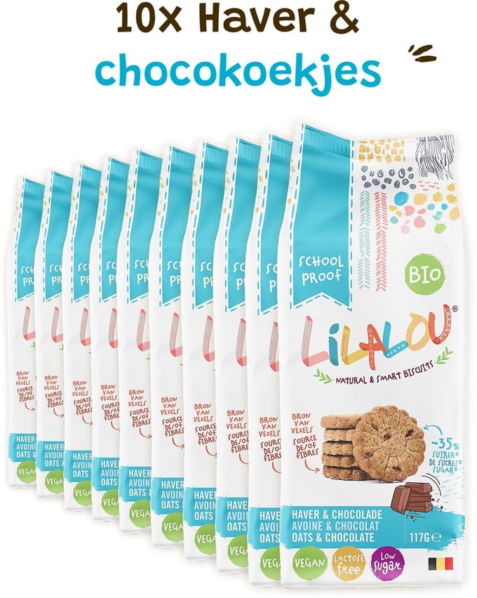 10x LilaLou Biscuits Haver & chocoladekoekjes 117g - Bio, vegan, lactose free & less sugars