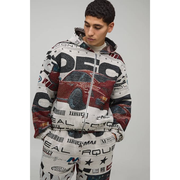 Oversized Boxy Moto Tapestry Hoodie | Red | Size Medium