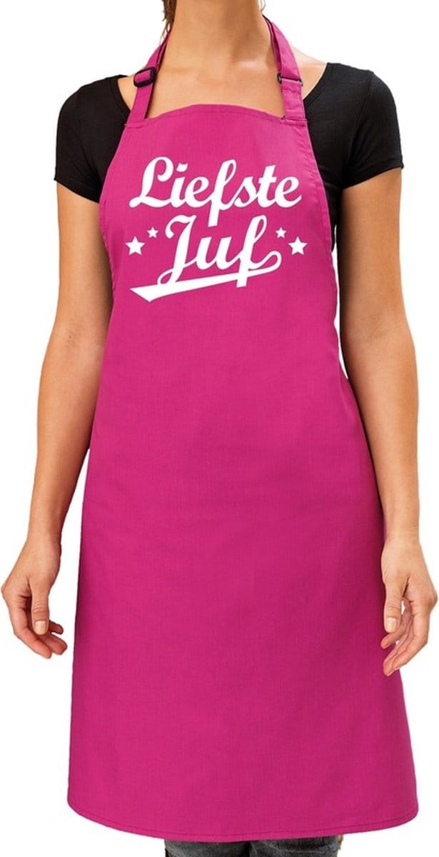 Liefste juf cadeau bbq/keuken schort roze voor dames - Einde schooljaar/ jufdag cadeau
