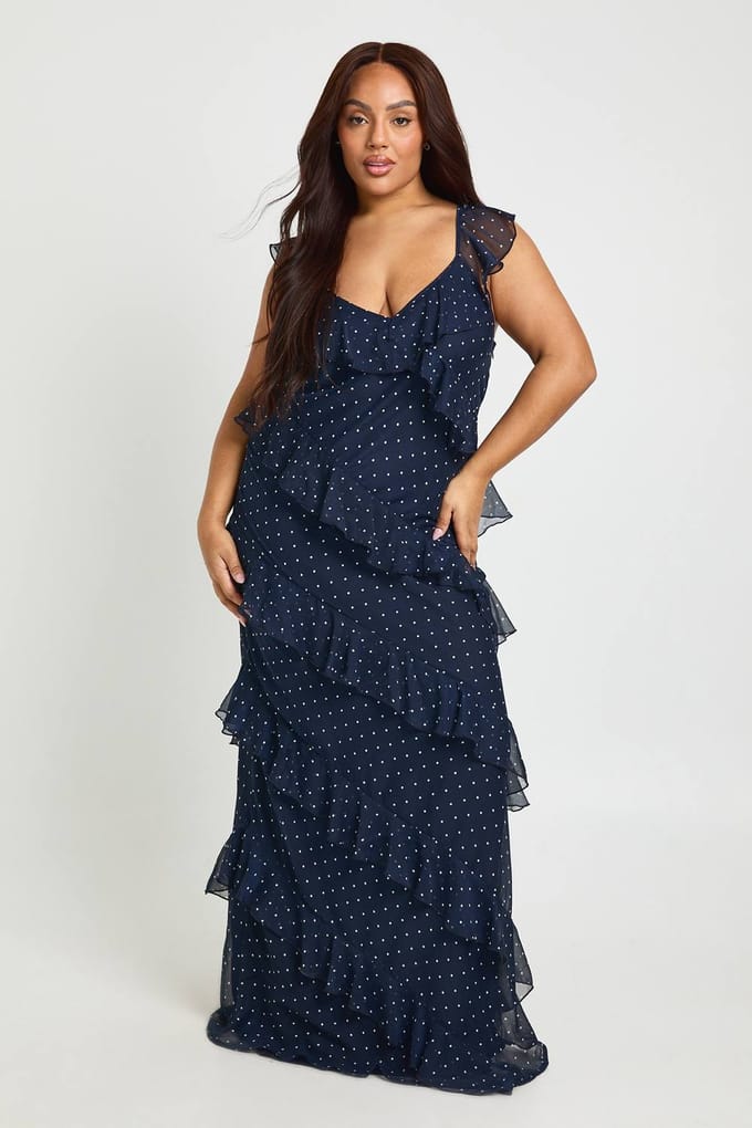 boohoo Dames Plus Polka Dot Ruffle Maxi Jurk | Marineblauw | Maat: 56