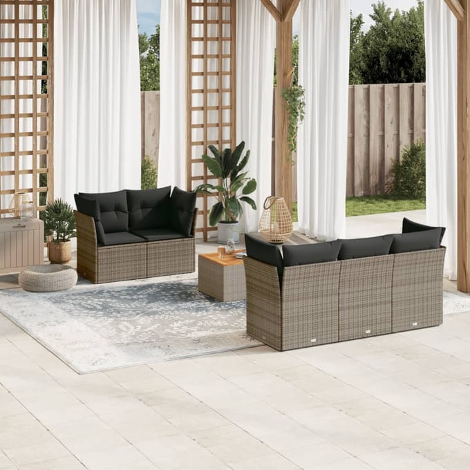 vidaXL - 6-delige - Loungeset - met - kussens - poly - rattan - grijs