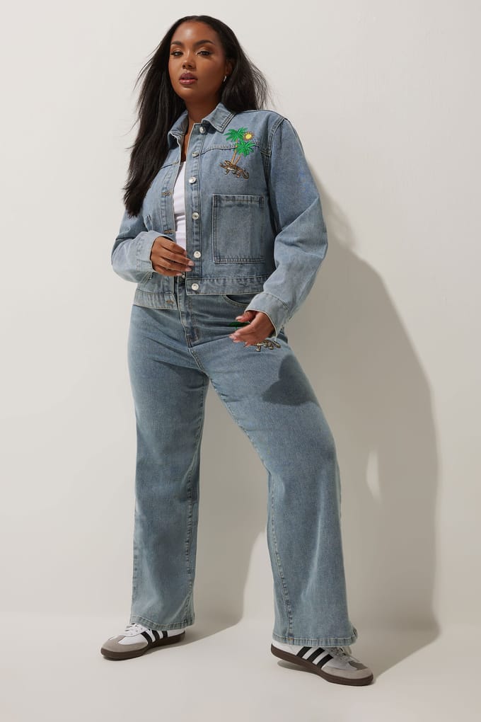 Limited Collection Denim Jack Met Geborduurde Palmboomprint In Blauw Size 46