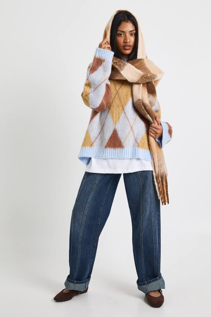 boohoo Dames Super Zachte Argyle Gebreide Trui | Babyblauw | Maat: Medium