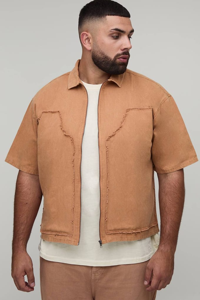 Plus Bleach Wash Carpenter Shirt | Tan | Size 2XL