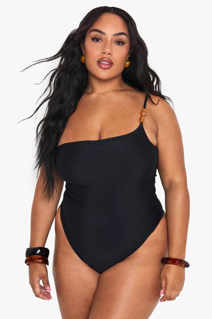 boohoo Dames Plus Resin Stone One Shoulder Swimsuit | Black | Maat: 28