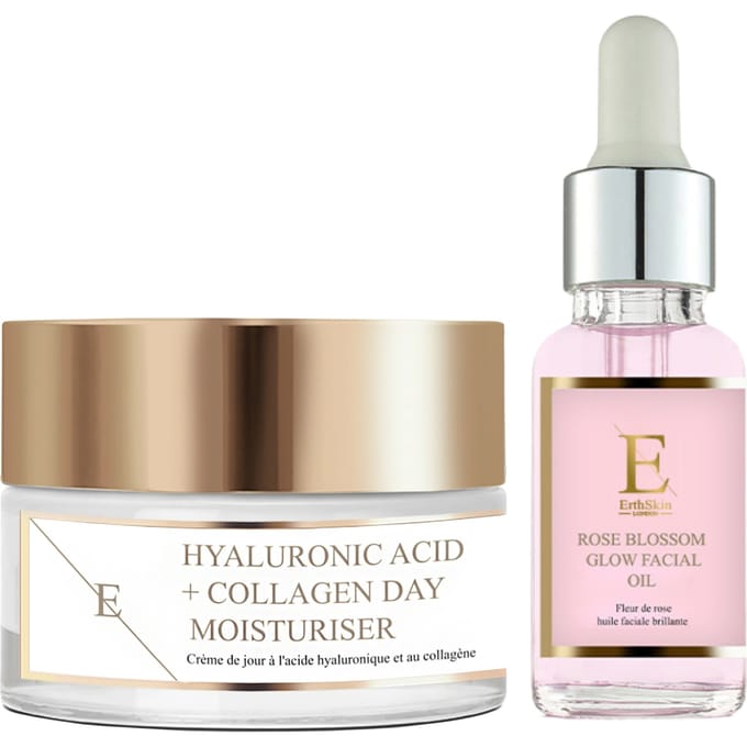 Rozenbloesem Glow Gezichtsolie 30ml + Hyaluronzuur & Collageen Dagcrème 50ml