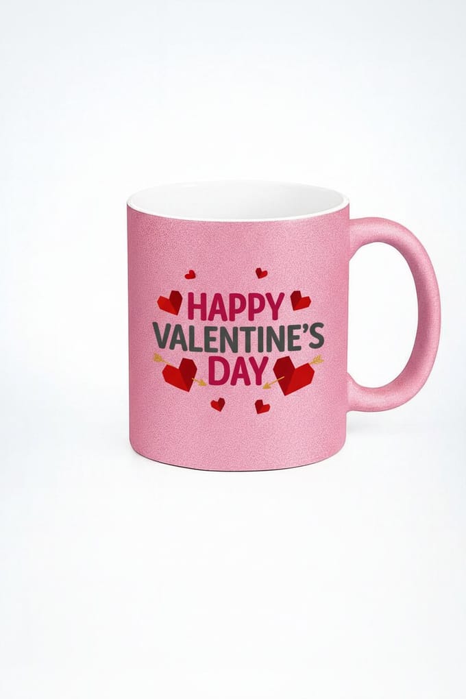 Valentijnsdag Mok Roze Glitter - Happy Valentine's Day Hartjes Design | Romantisch Cadeau