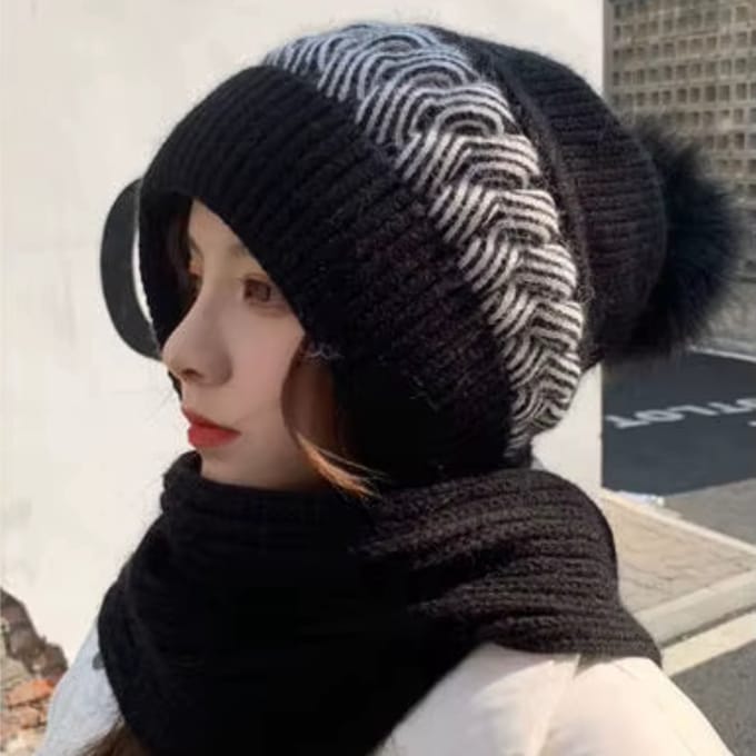 BRD® Winter | 2-in-1 Gebreide Muts en Sjaal zwart dik met pompon